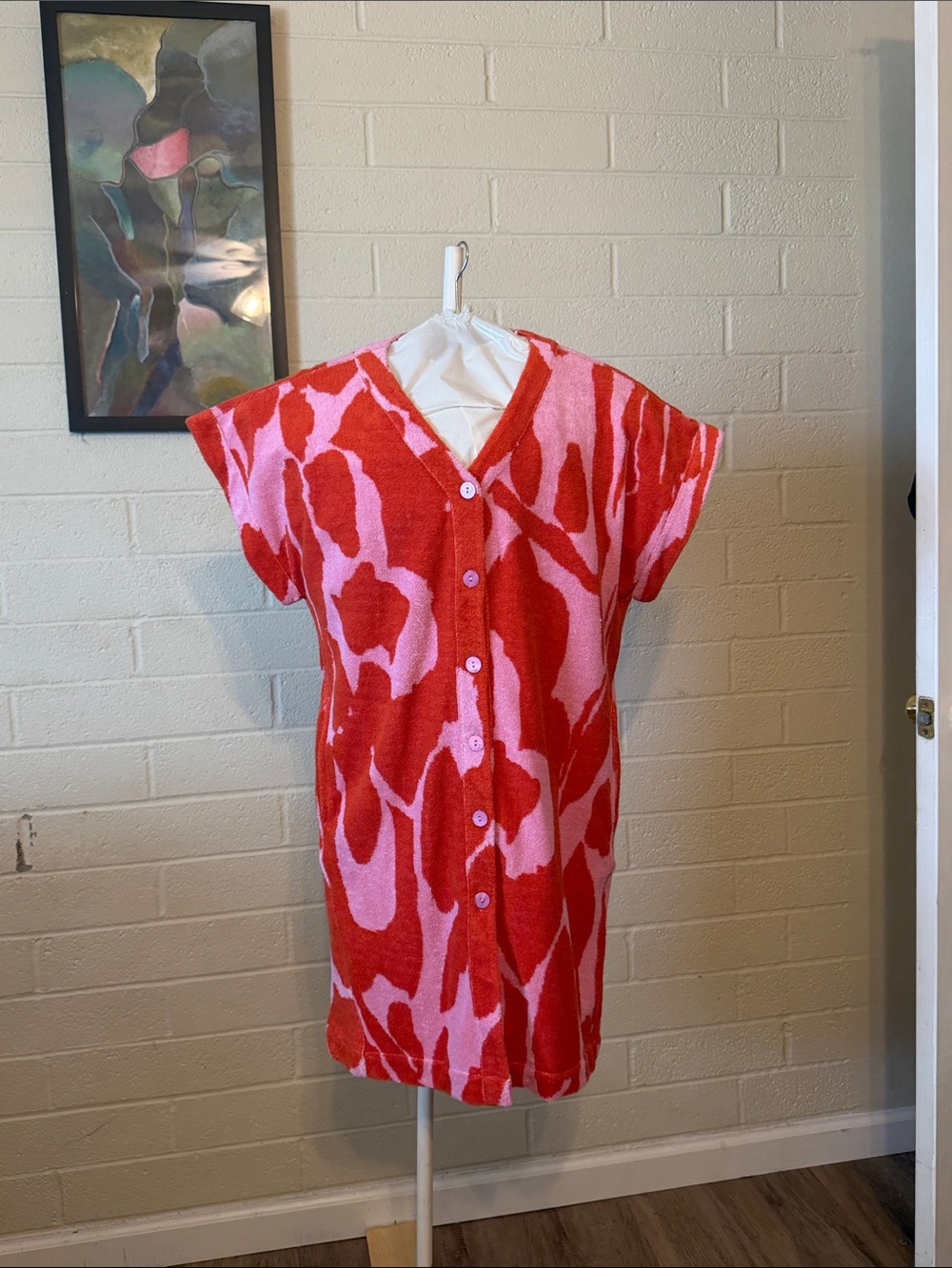 NWT FRNCH Paris Celtica Terry Cloth Dress Pink Orange Abstract Shirt Dress S